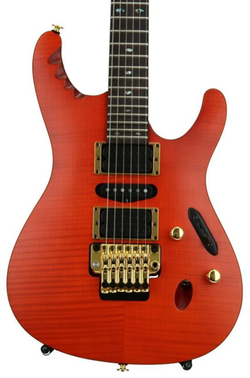 Herman Li EGEN18 Flame Maple Top Dragon Blood Chitarra elettrica Floyd Rose Tremolo Bridge, intarsio ovale in abalone, pickup HSH, hardware dorato