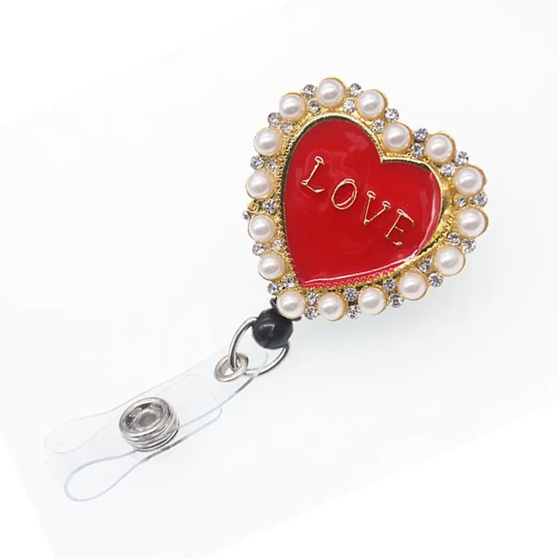 Broches, broches 1/10/50 pcs/lot émail avec perle/strass forme de coeur amour porte-badge d'identité bobine rétractable pour femme fille