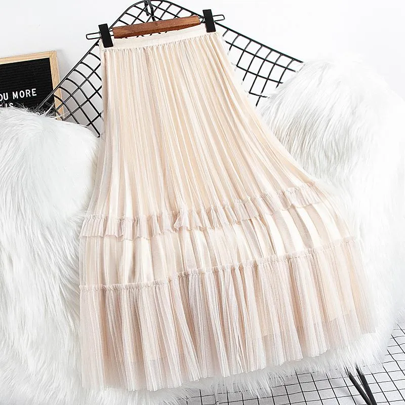 2021 Spring Autumn Elasti High Wasit Vintage Guil Long Skirt Women Clothes Solid A-lien Pleated Mesh Mid-calf Skirts Female