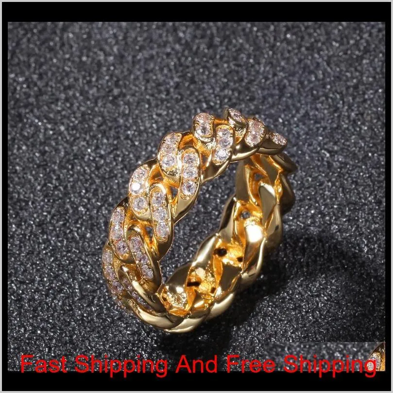 hip-hop zircon cuban chain ring 8mm zircon plated genuine gold trend men`s ring cuban link band mens hip hop jewellery