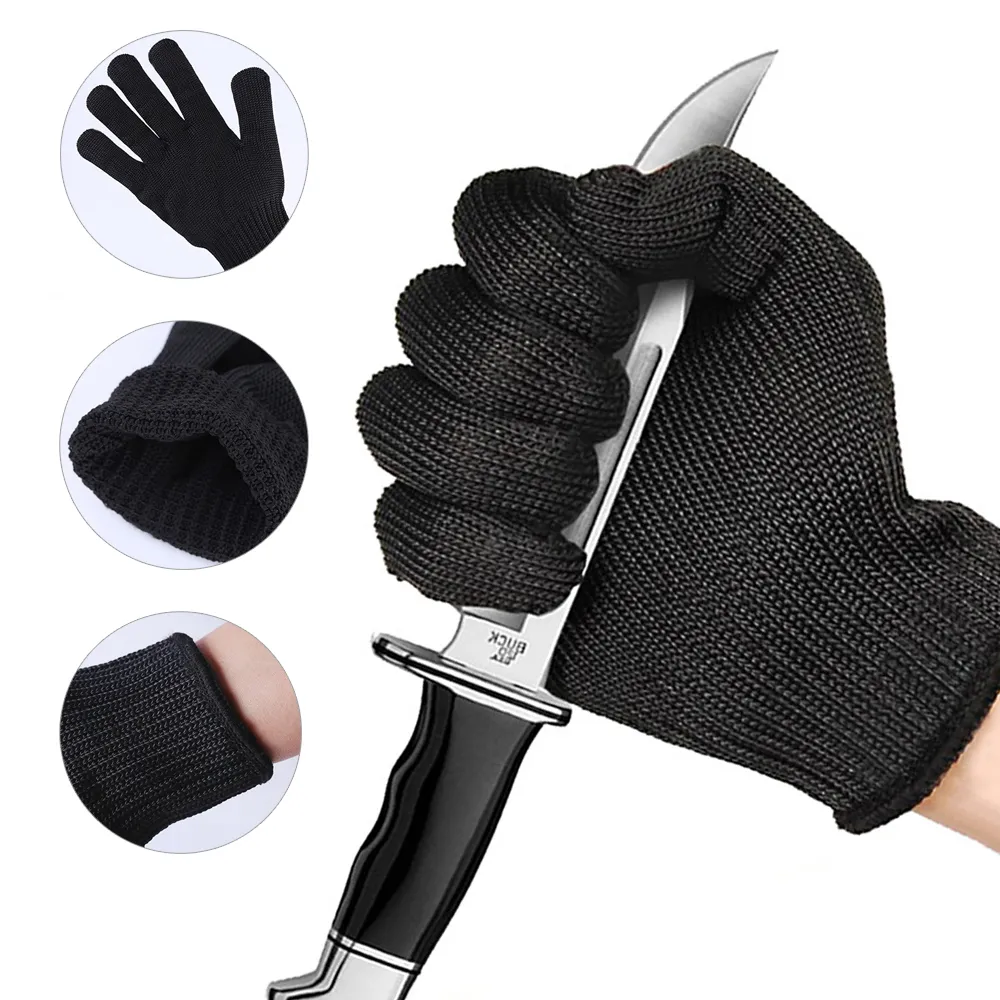 High-strength Anti Cut Resistant Safety Gloves Grade Level 5 Protection Kitchen for Fish Meat Cutting Black Steel Wire Metal Mesh Butcher Working SC024