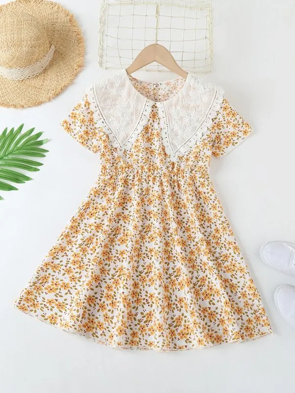 Girls Ditsy Floral Guipure Lace Trim Statement Collar Dress SHE