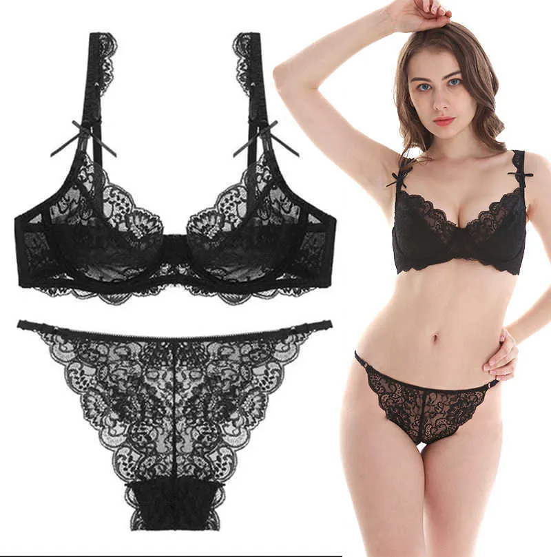 Plus Size Bra Sexy Lace Unlined Underwear Hollow 3/4 Cup Underwire A B C D  DD E Cup Bra Set 32 34 36 38 40 42 44 Q0705 From Sihuai03, $9.21