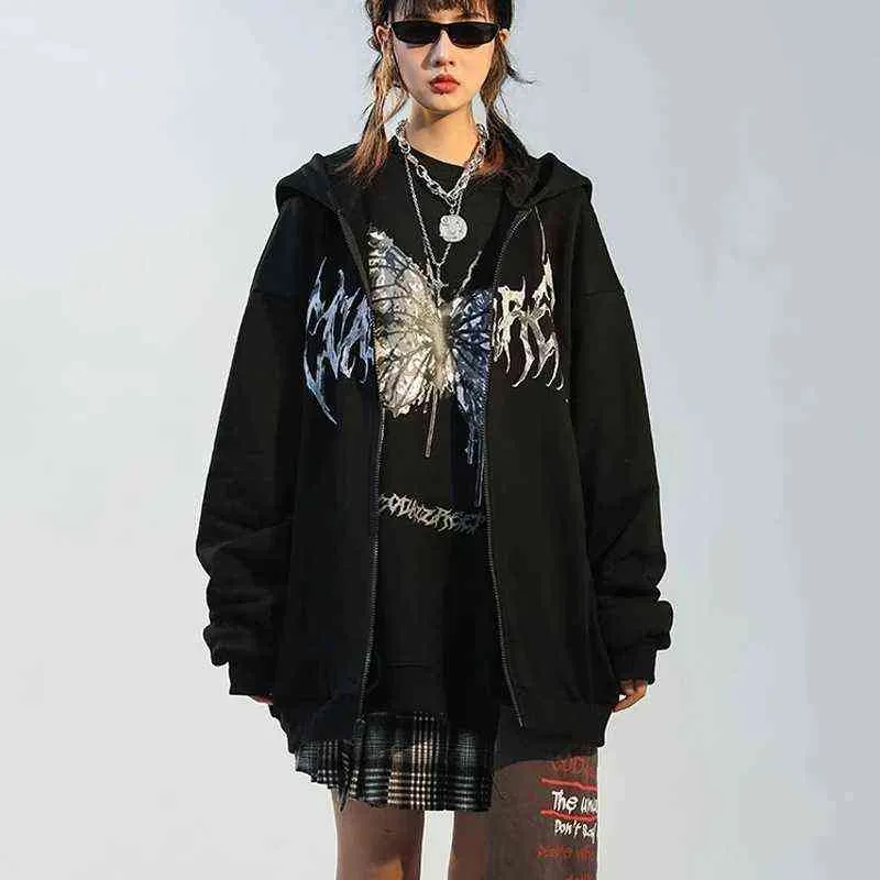 Hip Hop Streetwear Hoodies Women Jacket Coat Goth Harajuku Y2k aesthetic Clothes grunge Punk hoodie Zip-up 220115