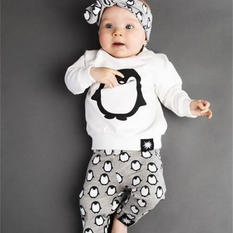 Neugeborenen Kleidung Outfits Mode Langarm Pinguin T-shirt + Hosen + Stirnband 3 stücke Baby Jungen Mädchen Kleidung Sets 210309