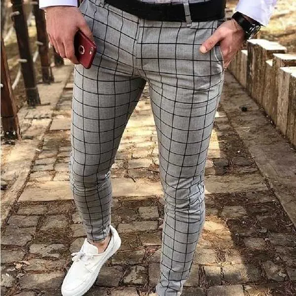 Men's Slim Fit Stretch Skinny Dress Pants Business Casual Plaid Pencil Social Suit Pant Y0811