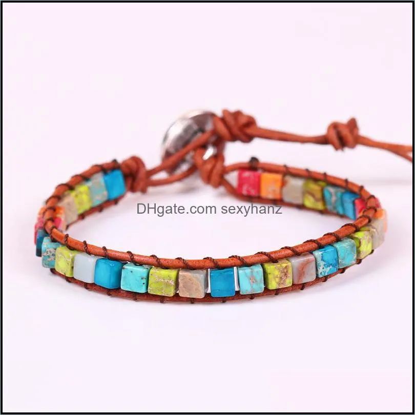 Beaded, Strands Multi Color Chakra Bracelet Handmade Natural Stone Beads Women Men Leather Wrap Bracelets Creative Couples Gift