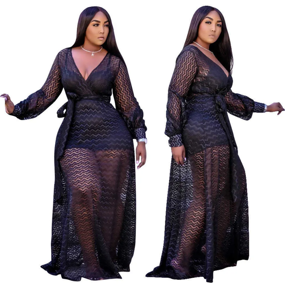 Plus Size Black Sexy Dress Sets Hurtownie Moda Streetwear Mesh Maxi Dresses Women Party Urodziny Club Stroje Kropla 211025