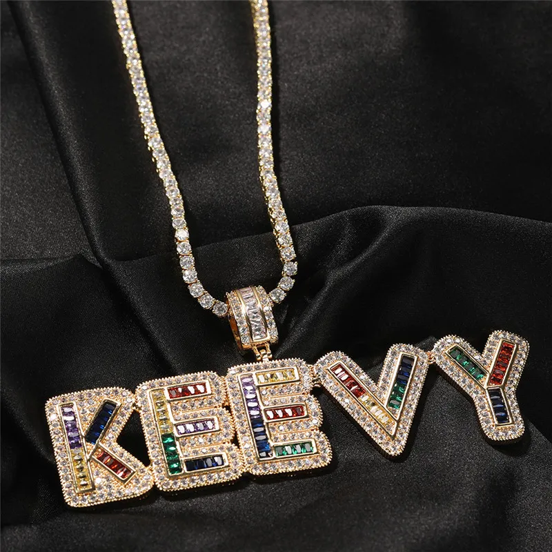 Men Women Fashion Letter Necklace Gold Plated Bling Colorful Diamond Stone CZ Custom Name Letters Necklace With Free 3mm 24inch Rope Chain