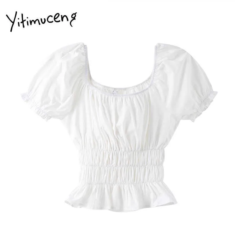 Yitimuceng Blusa Branca Mulheres Dobras Camisetas Slow Slim Collar Slim Sólido Verão Coreano Moda Doce Tops 210601