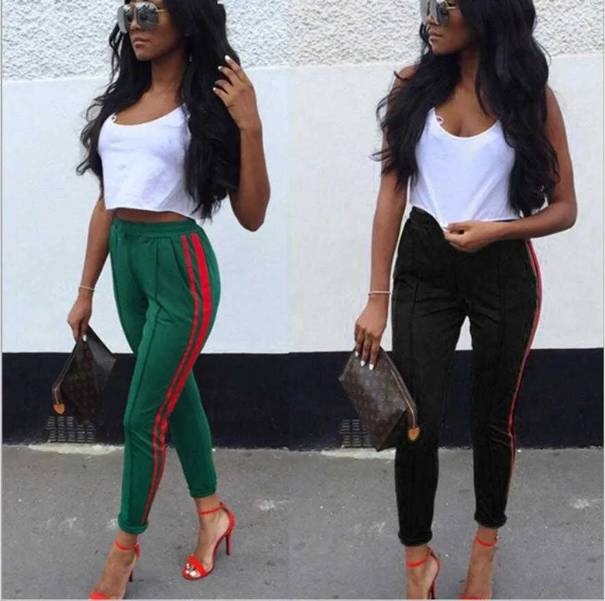 Side Women 2019 Stripe New Pants High Waist Elastic Ladies Casual Streetwear Fashion Slim-fit Patch Pencil Pants Ankle-length Sports Trouser