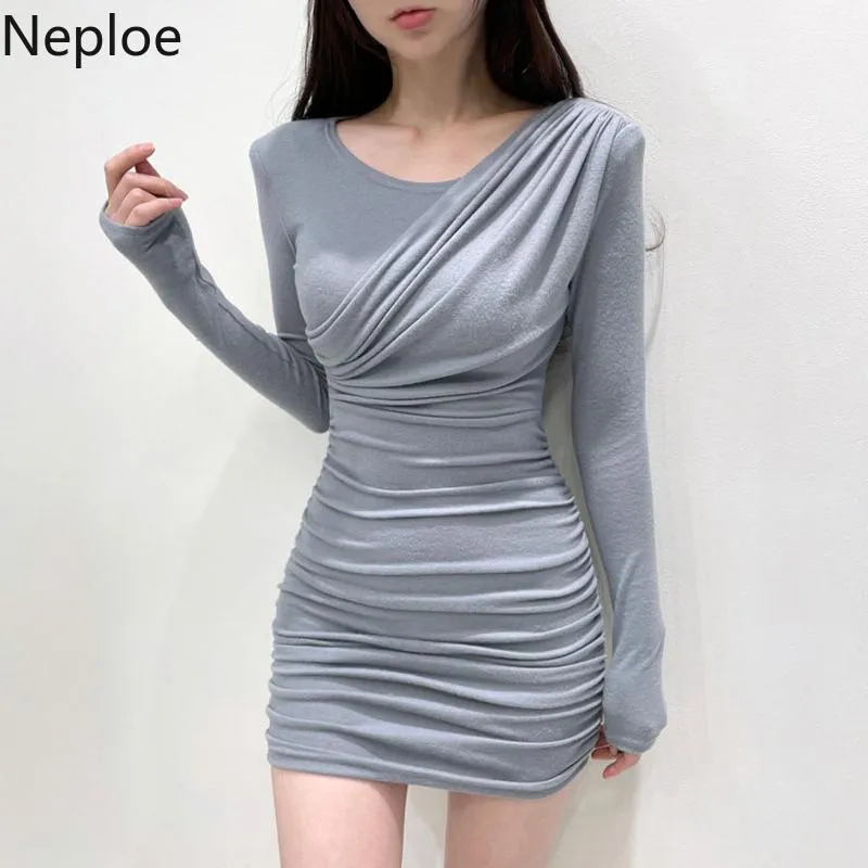 Casual Dresses Neploe Sexig Kvinna Klänning O-Neck Fälls Slim Fit Stickad Vestidos De Mujer Elegant Temperament Cober Koreansk Bodycon Mini