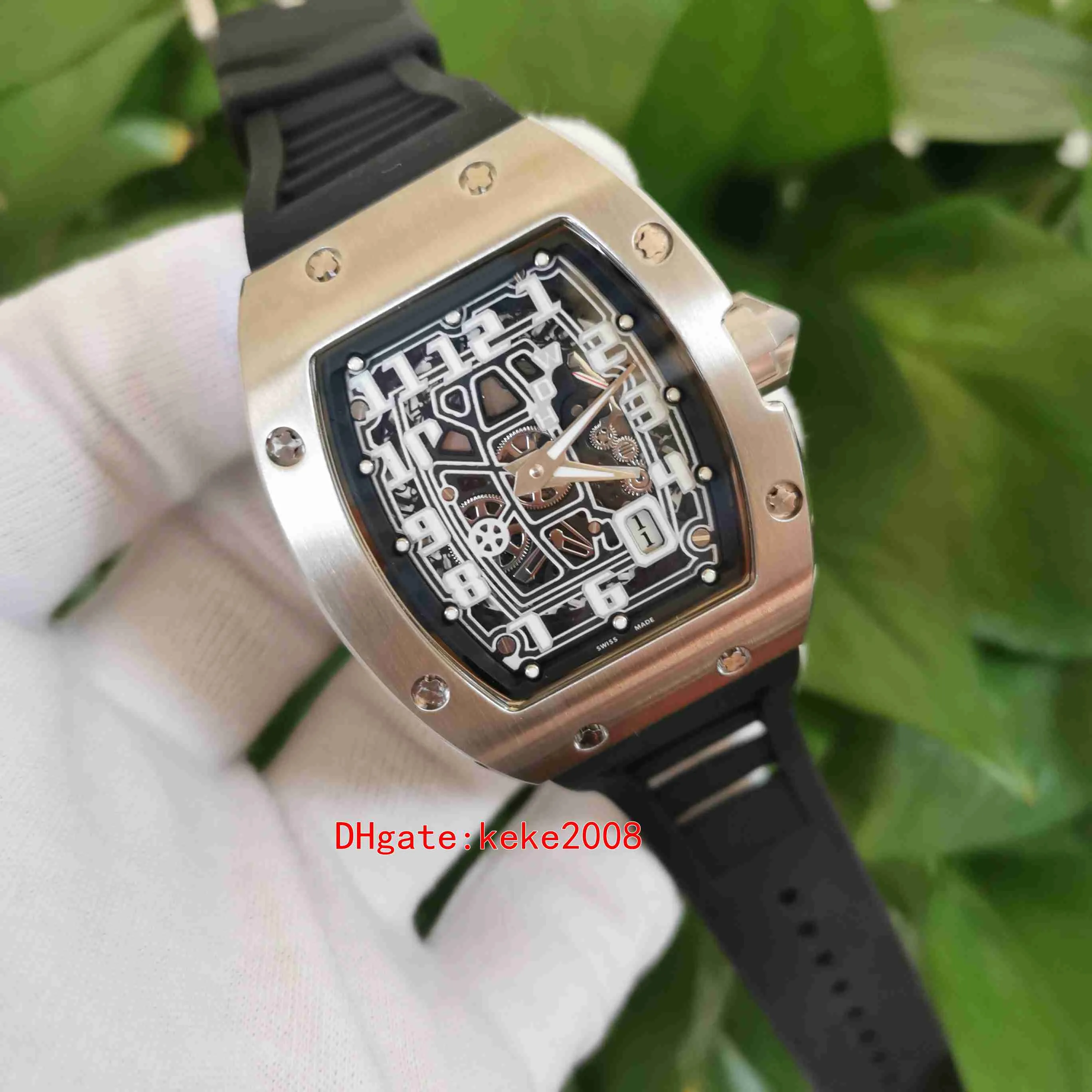 Excelente qualidade superior relógios 38mm x 47mm r m 67 67-01ti extra plano aço inoxidável pulseira de borracha preta transparente mecânico auto297d