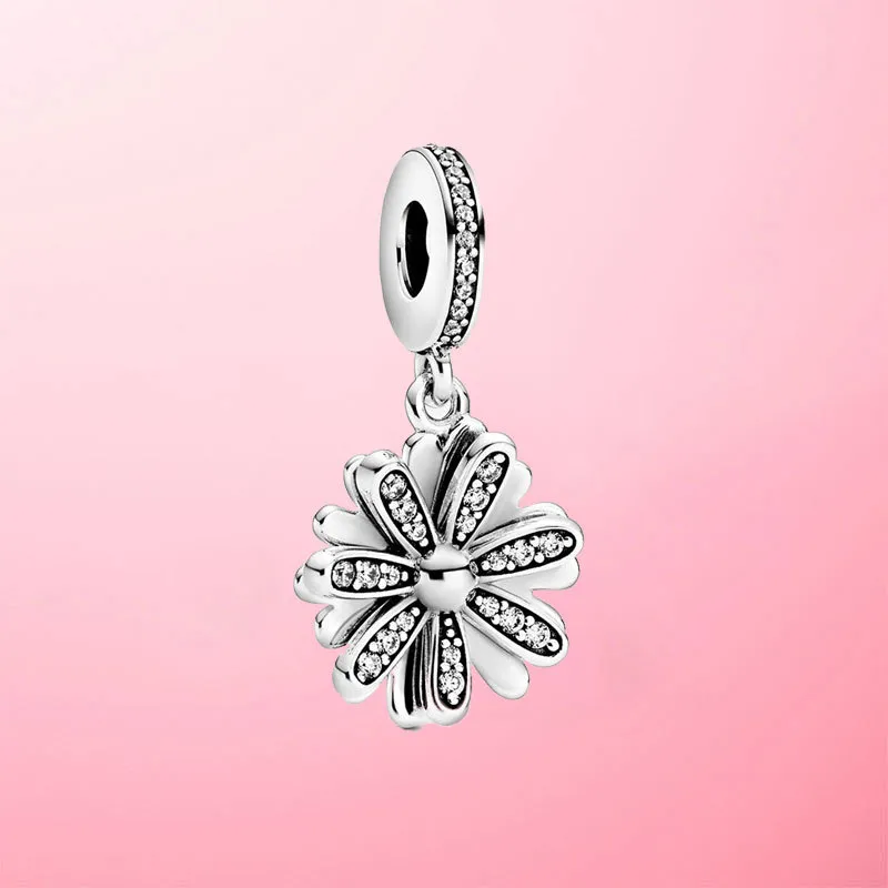 Véritable 925 Sterling Silver Sparkling Daisy Flower Dangle Charm Perles Fit Original Pandora Charms Bracelet Pendentif Collier Bijoux Q0531