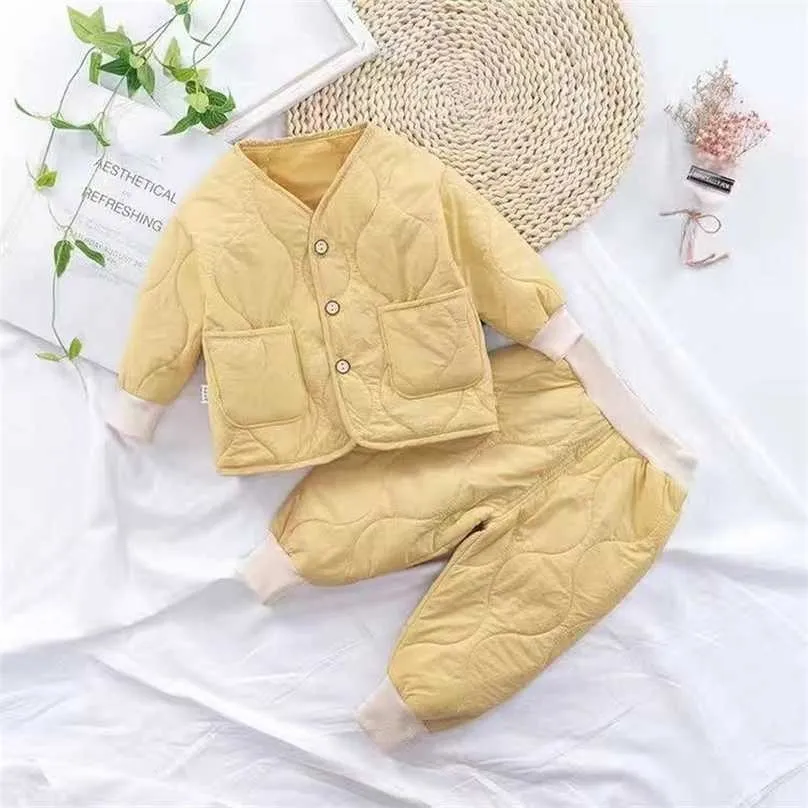 Winter Cute Girls Quilted Warm Clothes Sets Kids Boys Thicken Pullover and Thick Pants 2pcs Boy Suit for Kindergarten 211025