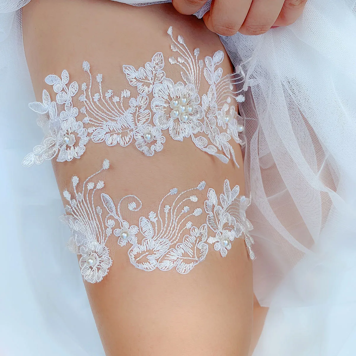 K03 2 PCS Sexy Lace Flower Crystal Pearls Wedding Garter Belt Thigh Ring Bridal Leg Garter Stocking Garter Belt Girl Women