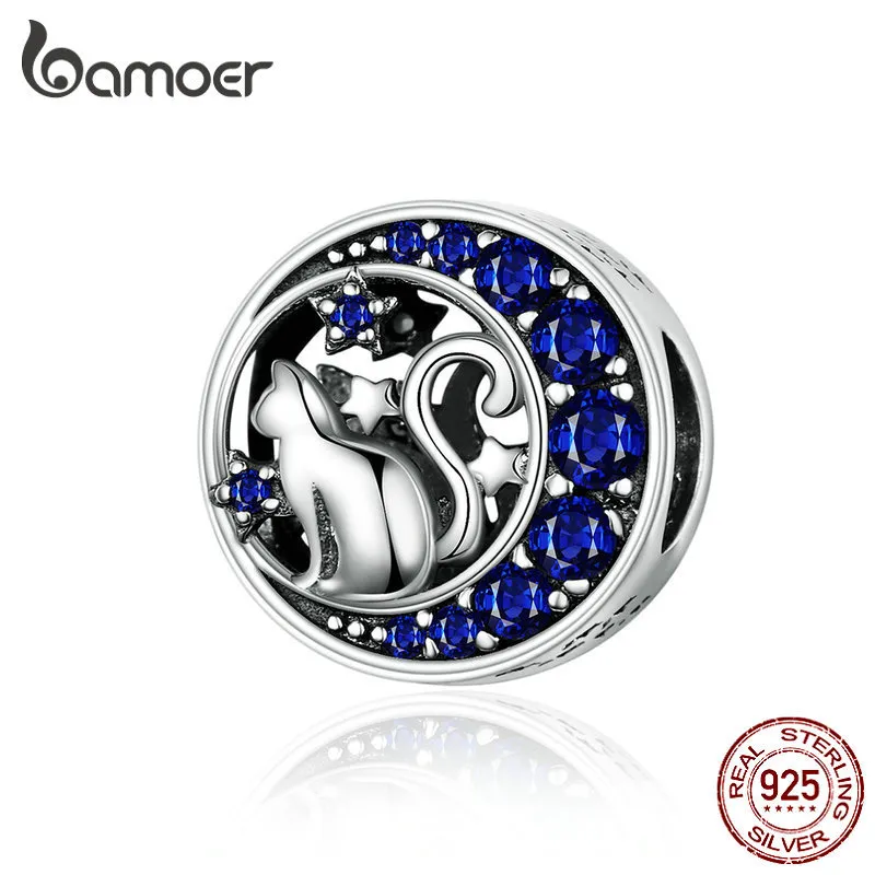 Bamoer Silver S925 Pärlor Sterling Silver 925 Blue Moon Naughty Cat Pet Charms för armband Bangle DIY smycken gör SCC1204 Q0531