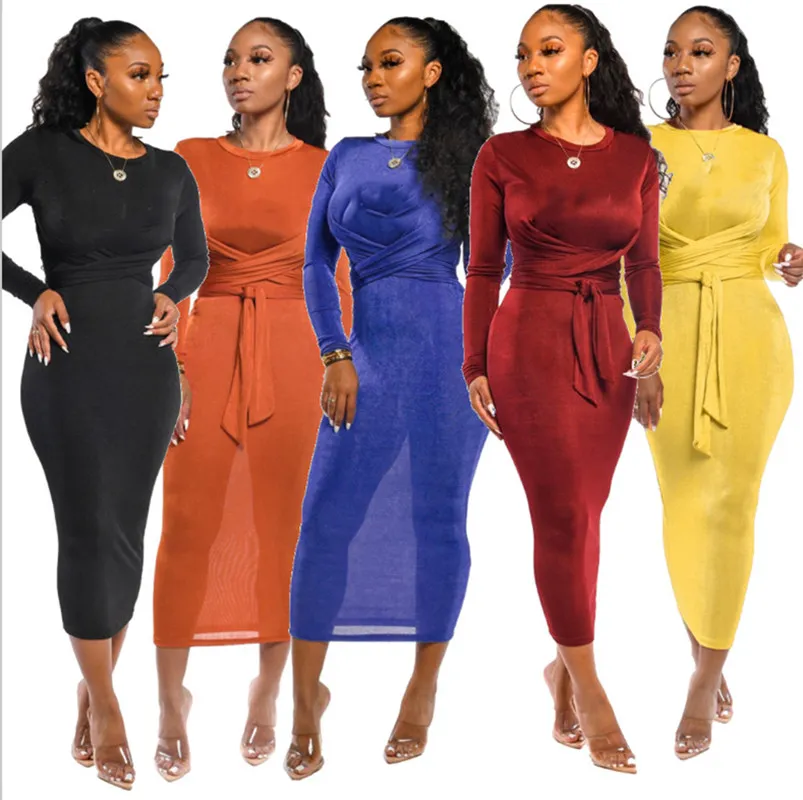 Black Bodycon Maxi Dress with Long Sleeves for Women - Plus Size S-2x - Skirt 4601