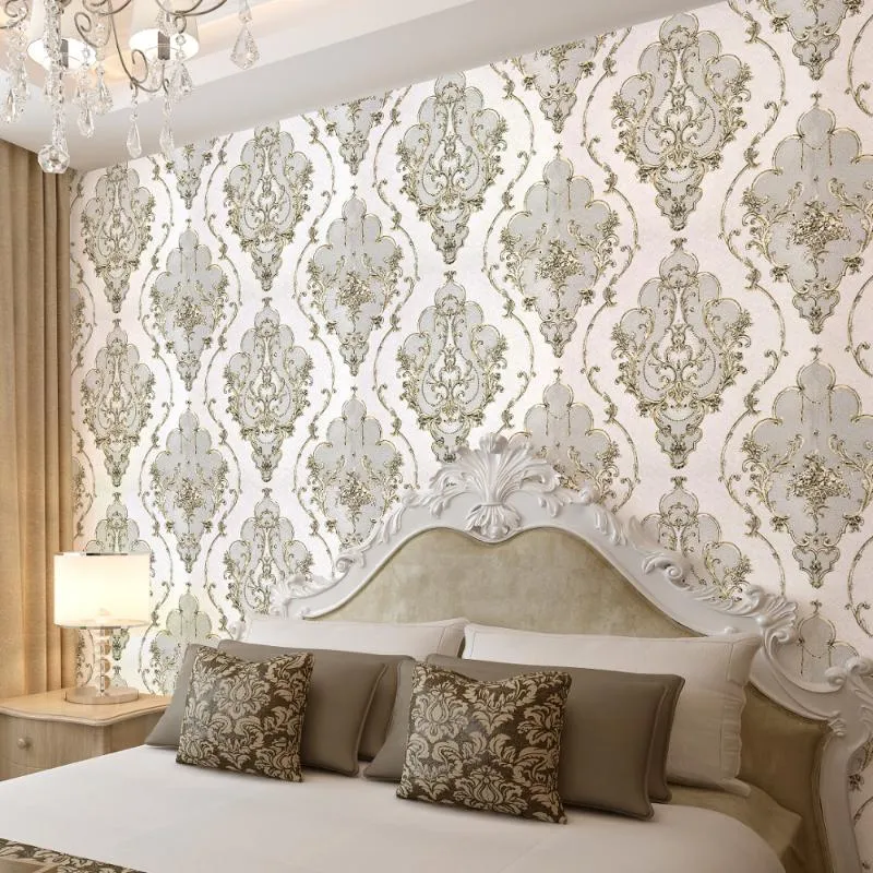 壁紙金灰色の白い織り目加工の高級ダマスク織り壁紙のための3Dのための居間の寝室の壁ヨーロッパの花の壁の紙ロール