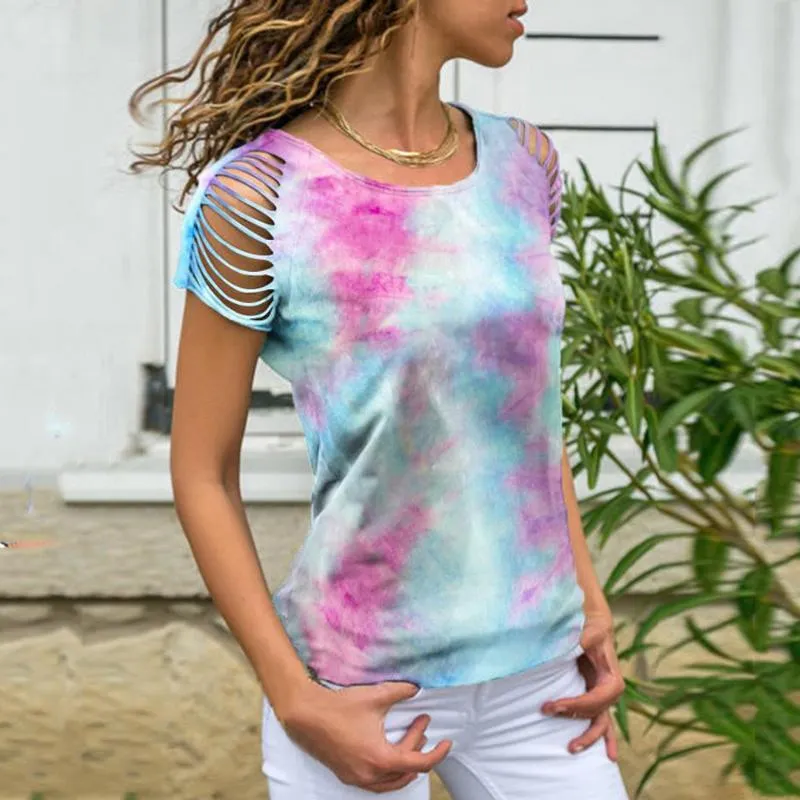 女性のTシャツデザイナー女性のネクタイ染めプリント短いTシャツ夏のカジュアルハロウアウトスリーブスリムTシャツOネック2021プラスサイズトップス