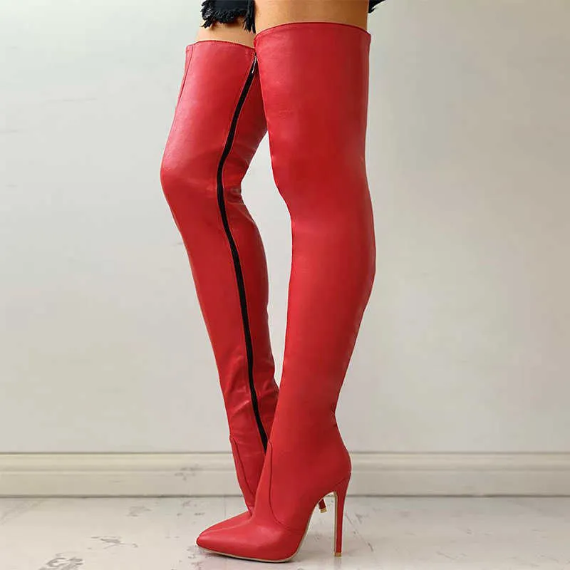 Women Sexy High Heels Over The Knee Red Thigh High Boots Female Red Thigh High Red Thigh High Boots Zipper Shoes Ladies Autumn Winter Long Red Thigh High Boots Plus Size 43