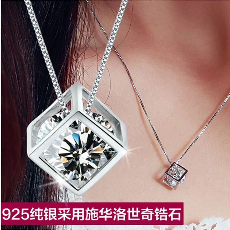 Crystal Womens Necklaces Pendant White Copper Plated Platinum Love cube female square love Silver jewelry gold