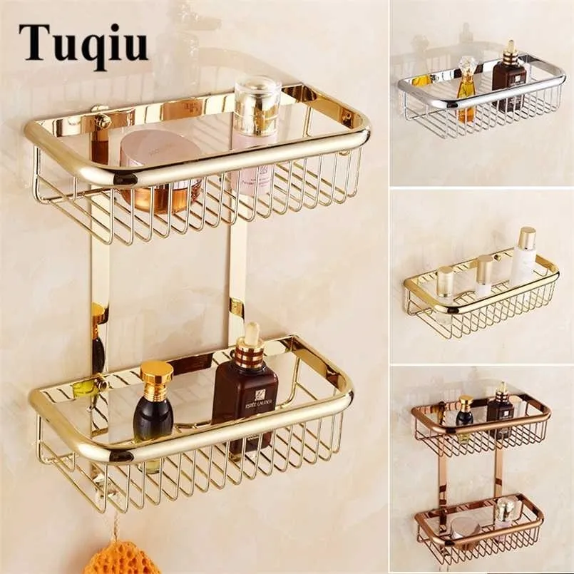 Tuqiu Gold salle de bain étagère d'angle porte-savon étagères à deux niveaux en laiton porte-shampooing panier 211112