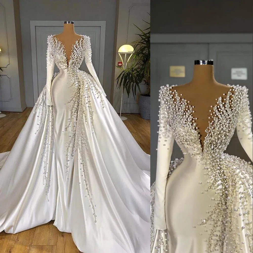 2021 Luxury Pearls Crystal Mermaid Bröllopsklänningar med Overkirt Avtagbart tåg Satin V Neck Satin Långärmade Brudklänningar Elegant Bröllopsklänning Robes de Mariée