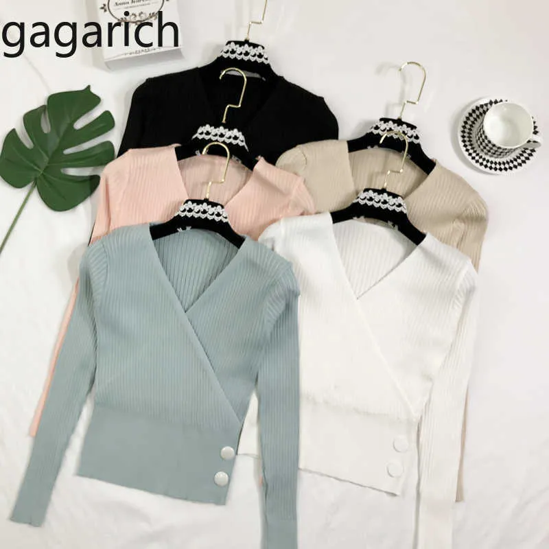 Gagarich Höst Kvinnor Sweater Sexig Cross V-Neck Slim Button Solid Short Pullovers Dam Långärmad Bodycon Bottom Jumpers x0721