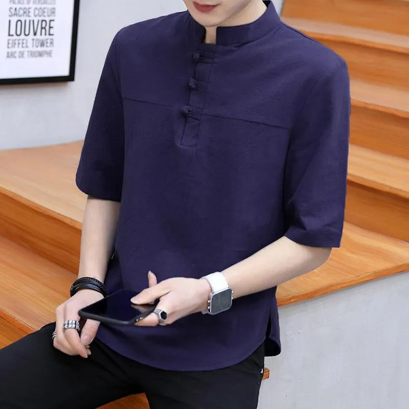 メンズTシャツサマーウェアコットンとリネン半袖Tシャツファッション中国ウィンドプレートボタンカラーハーフシャツサイズT-SHIR