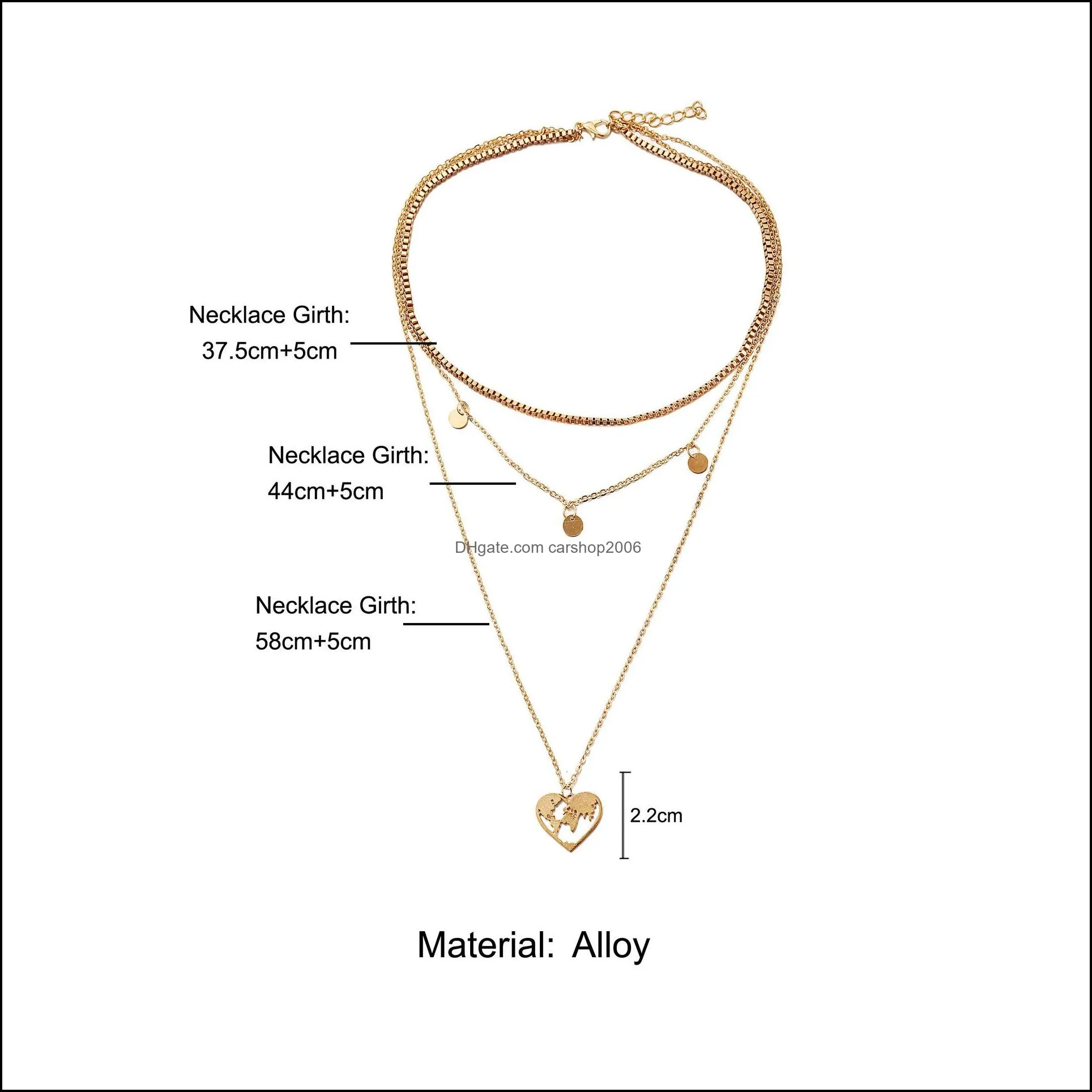 Round Sequined Multilayer Pendant Necklaces Heart Map Ladies Retro World Map Charm Necklace for Women Bohemian Jewelry Gifts Wholesale