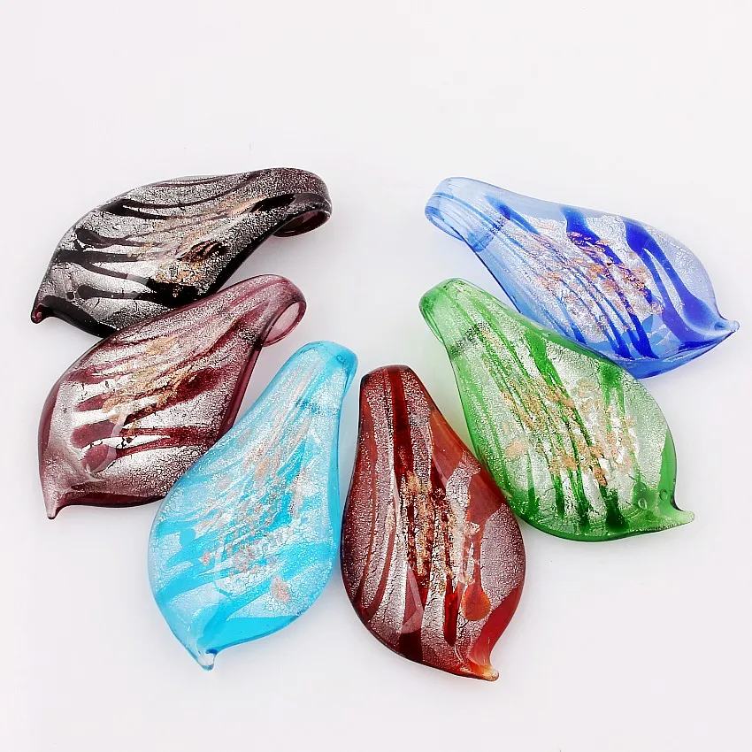 Partihandel 6st Pendants Handgjorda Murano Lampwork Glas Mixed Color Leaf Gold Damm Hänge för halsband