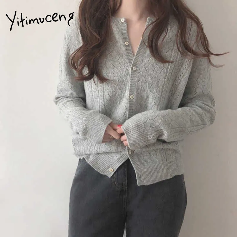 Yitimuceng Open Stitch Kobiety Swetry Cut Out Button Up Prosty Wiosna Lato Biały Szary Koreański Moda Knitle Tops 210601