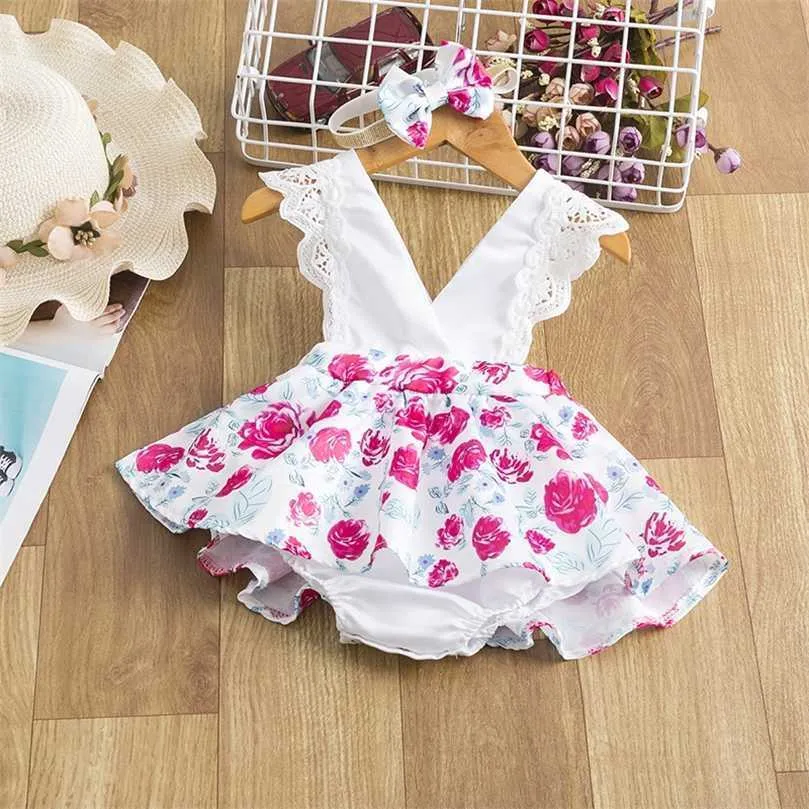 Spädbarnsflickor Floral Clothes Set Summer Lace Rose Print Jumpsuit + Headband Backless Sunsuit Cute Born Ruffle Romper 211101
