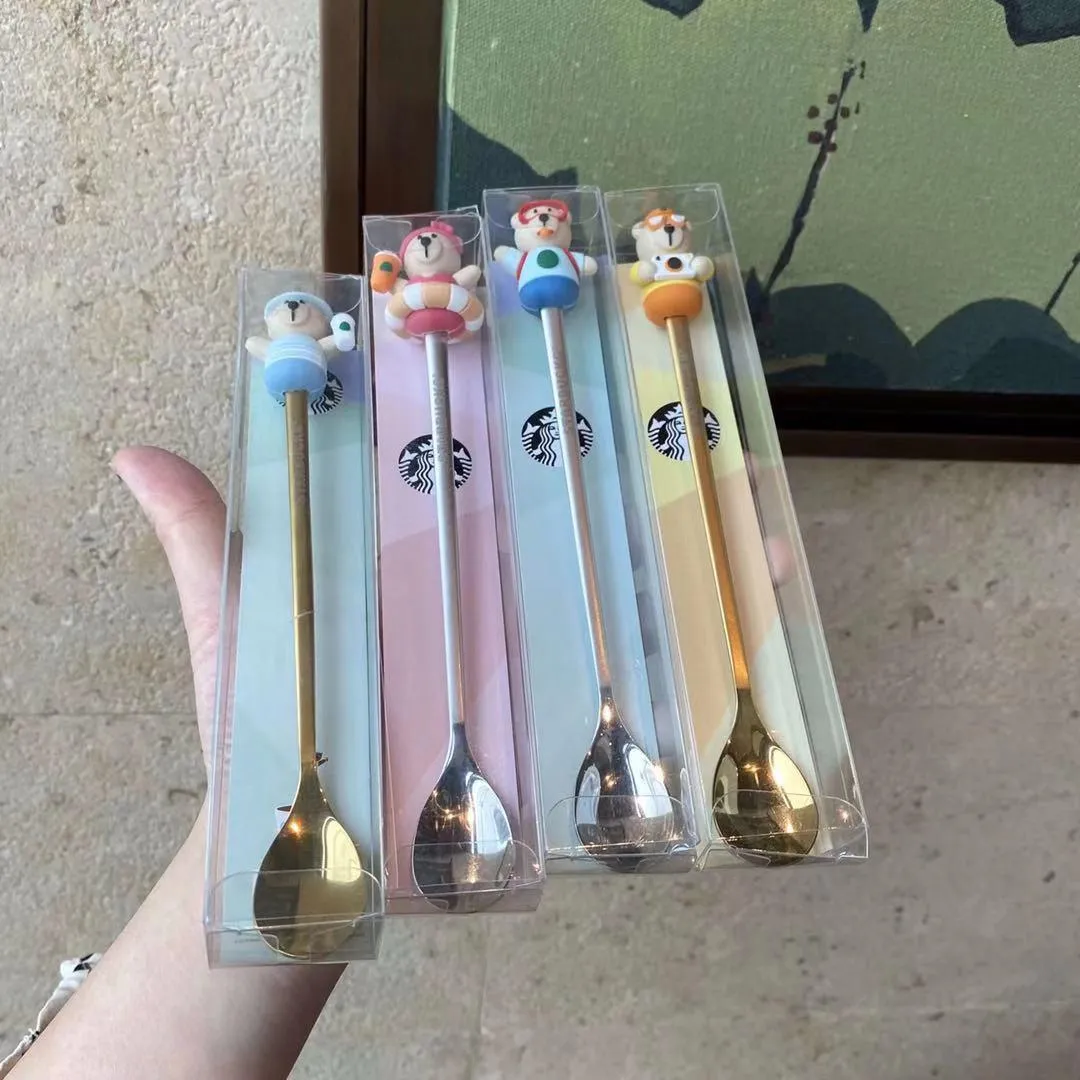 2021 New Year gift box cute bear doll Buck coffee stirring spoon milk tea dessert cartoon animal stainless steel long spoon