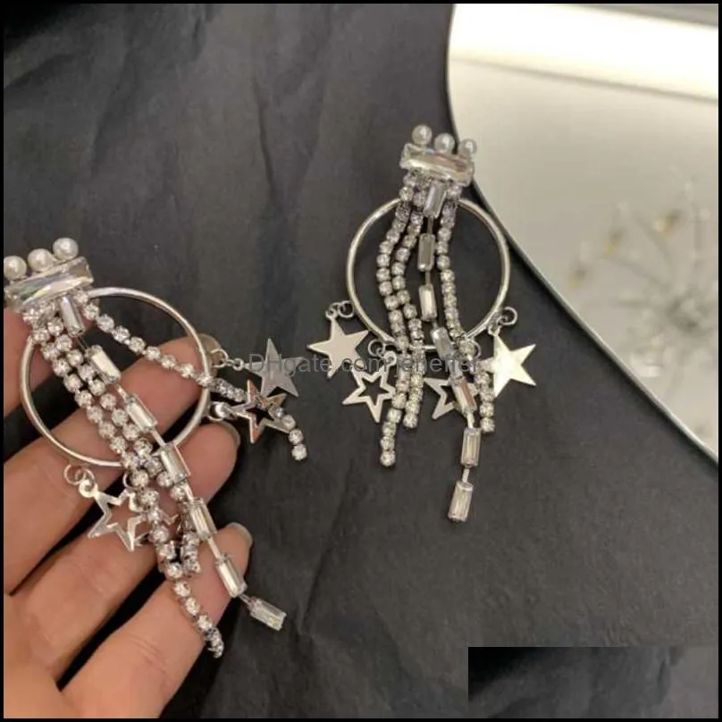 Two-wear Super Flashing Pearl Tassel Elegant Long Vintage Five-pointed Star Circle Earrings Detachable Women Trend Jewelry Dangle &