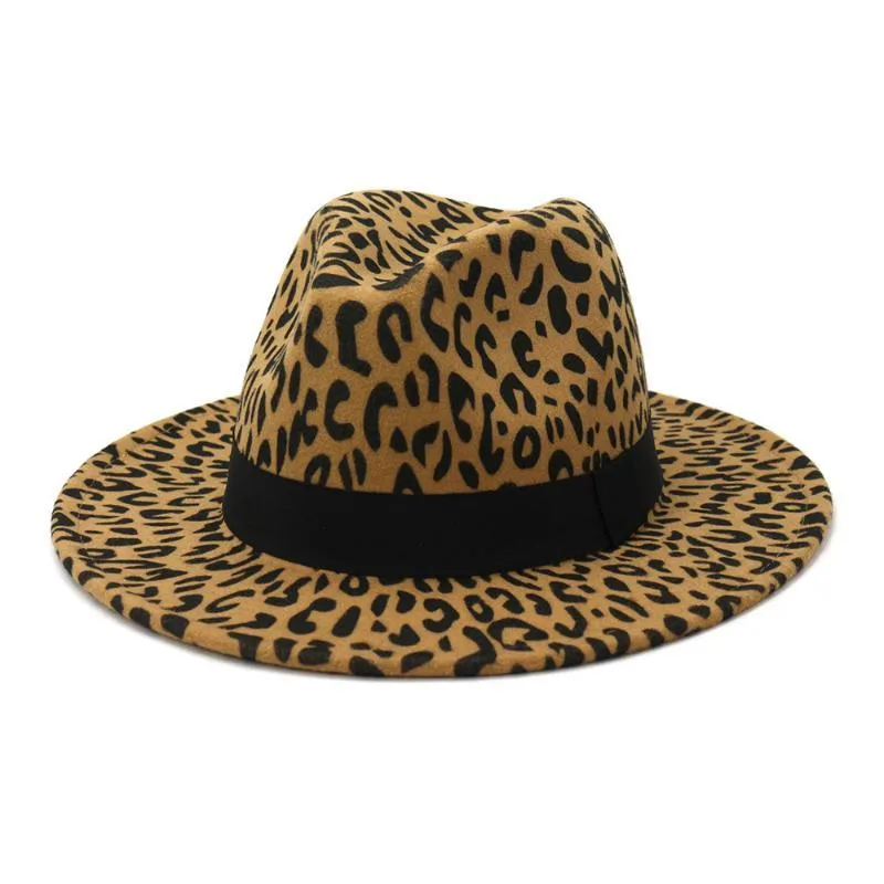 Chapeau Fedora en feutre à large bord pour femmes Casquette Trilby Panama à imprimé léopard avec bande Polyester à large bord Hommes Fedora Panama Chapeaux