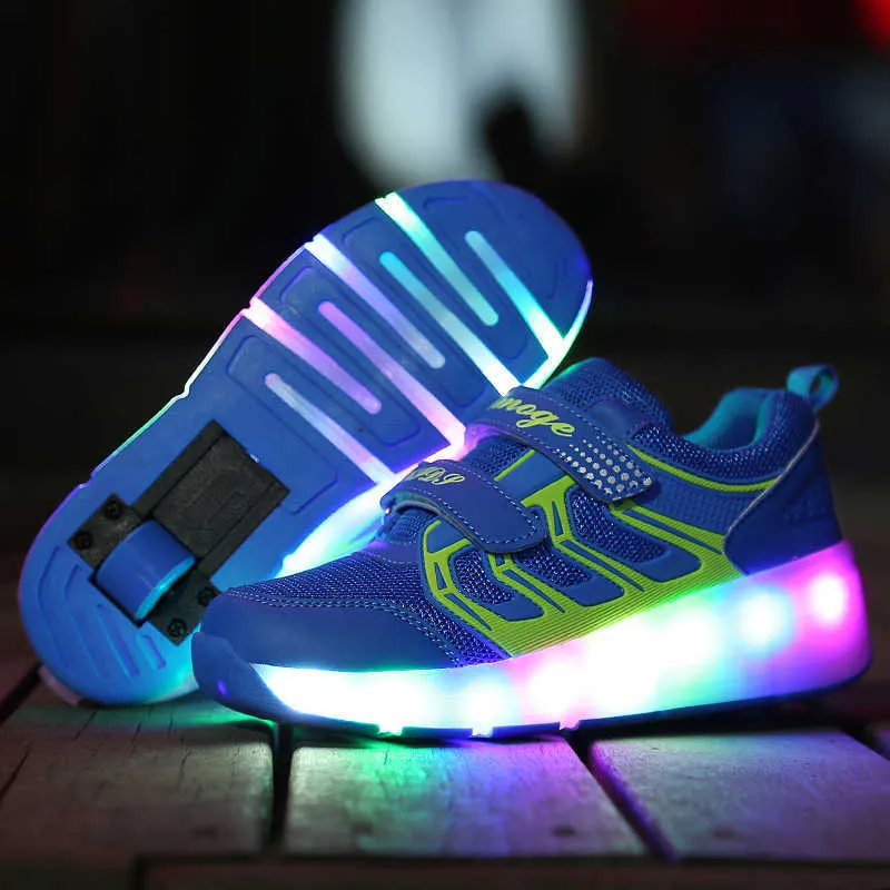 Kids LED tennis shoes for baby boy girl children glowing luminous light up sneakers with on wheels kids roller skate pink shoes H0828