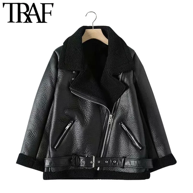 TRAF Kobiety Moda Grube Ciepłe Futra Zimowe Faux Leather Oversized Jacket Płaszcz Vintage Z Długim Rękawem Kobiet Odzież Odzieży Chic Topy 211109