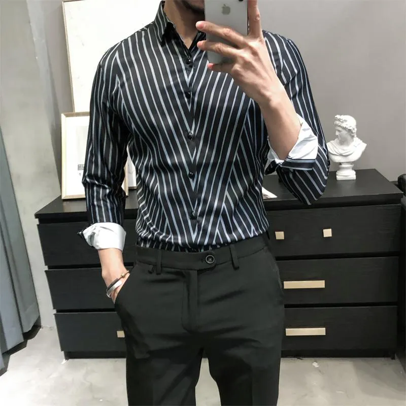 Men's Casual Shirts 2021 Long Sleeve Men Irregular Striped Slim Fit Digital Print Prom Tuxedo British Style Business Work Shirt Fashion