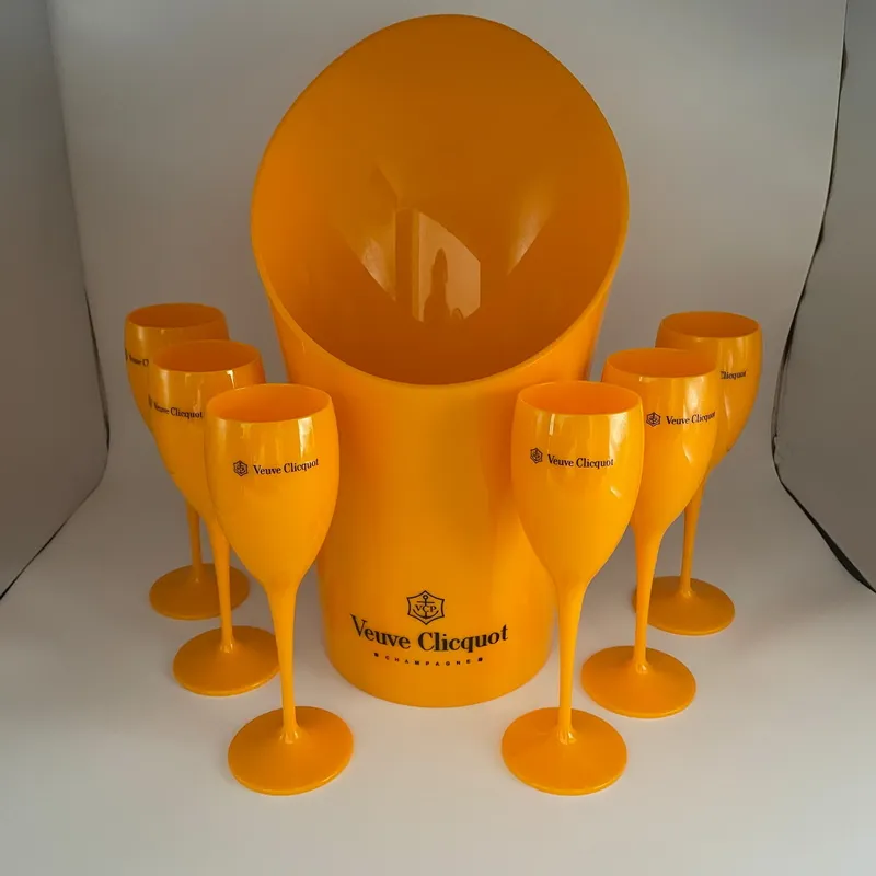 1 Ice bucket 6 Small Glass Party Coupes Cocktail Champagne Flutes Goblet Plastic Orange Whiskey Cups and cooler284J