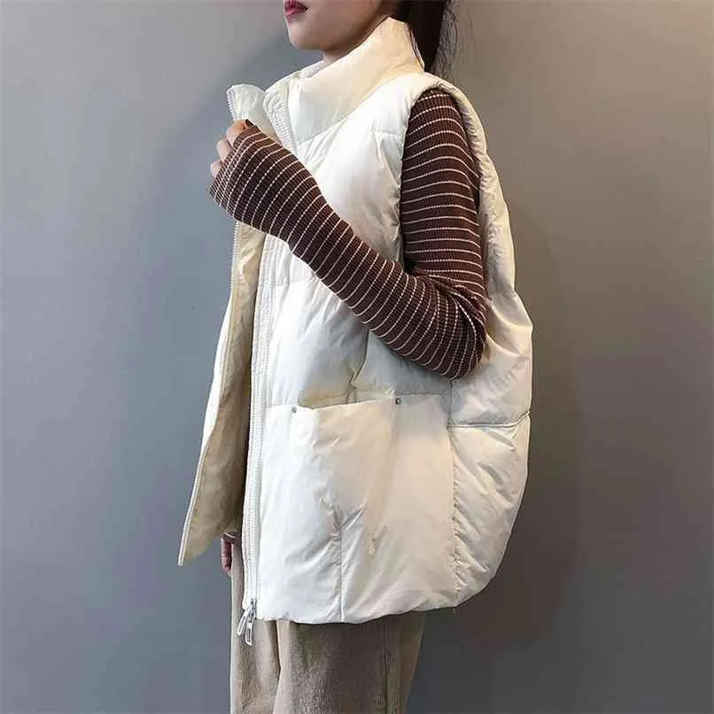 Kroppsvärmare Kvinnors Down Vest Jacka Loose White Duck Down Tjock Waistcoat Vest Zipper Ärmlös kappa för kvinnor 210910