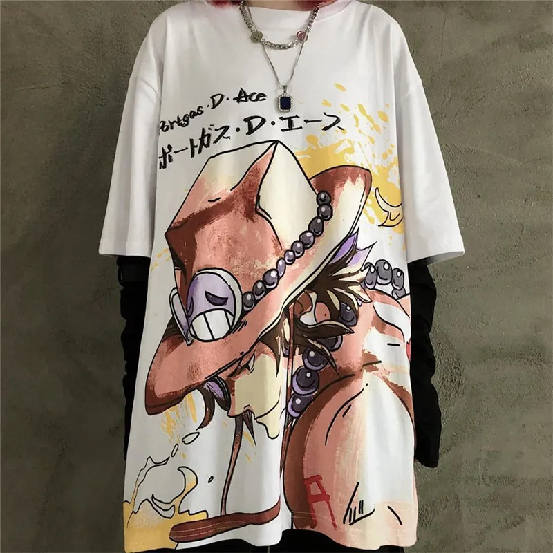 Harajuku verão um pedaço casual t-shirt mulheres macaco d luffy fresco manga curta tee enverbiente