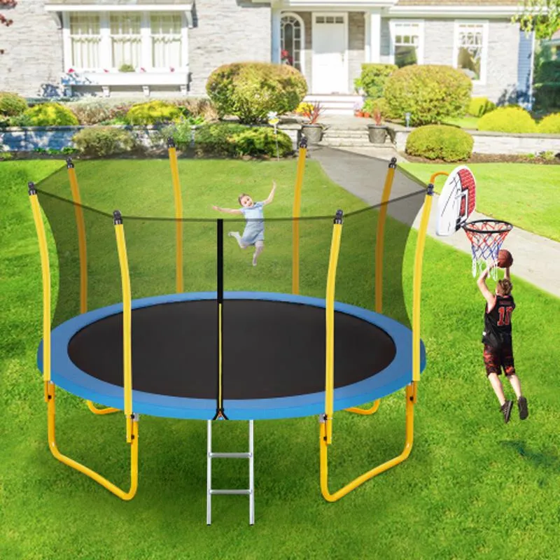 12ft trampolin för barn med säkerhetshölje nät, basketbåge och stege, enkel montering runda utomhus rekreationsvagnar