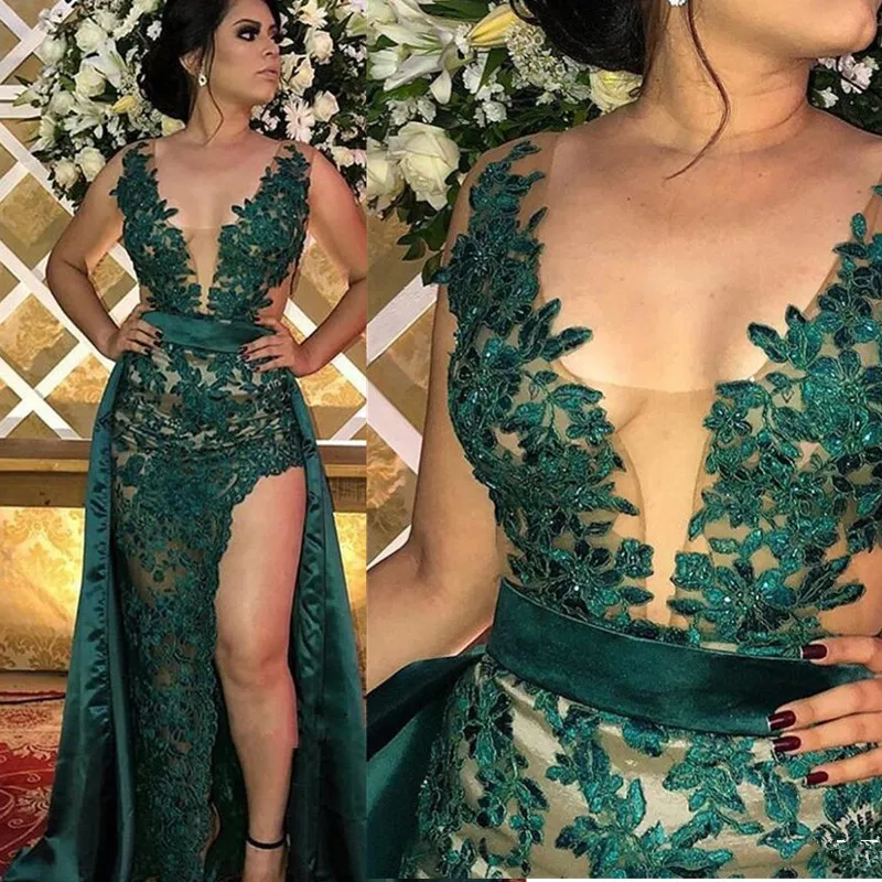 Arabic Dark Green Prom Gowns Lace Long Evening Dresses With Over Skirt V Neck Tulle Applique Split Illusion Floor Formal Party Dress