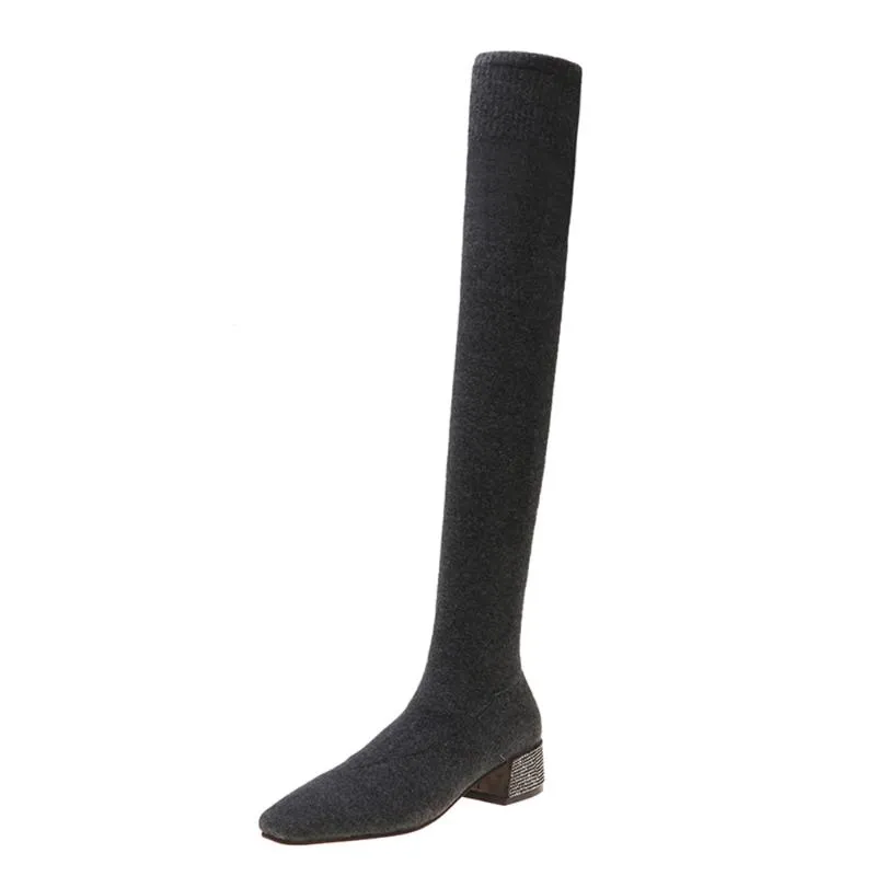 Bottes femmes tricot bas Stretch sur le genou hiver chaud mode automne cuisse haute longue femme Sexy strass mi Hee