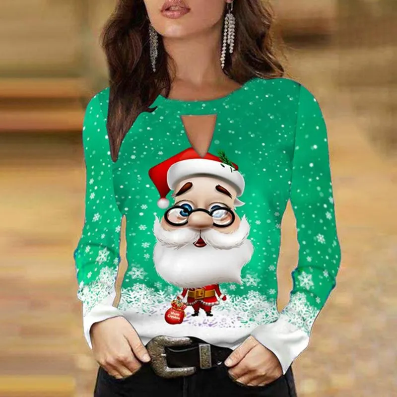 Blusas De Mujer Camisas Blusa Con Estampado De Navidad Manga Larga Cuello Redondo Estampado De Papa Noel Hollow Out Pullover Tops Damas Casual Suelto De 14 19 DHgate