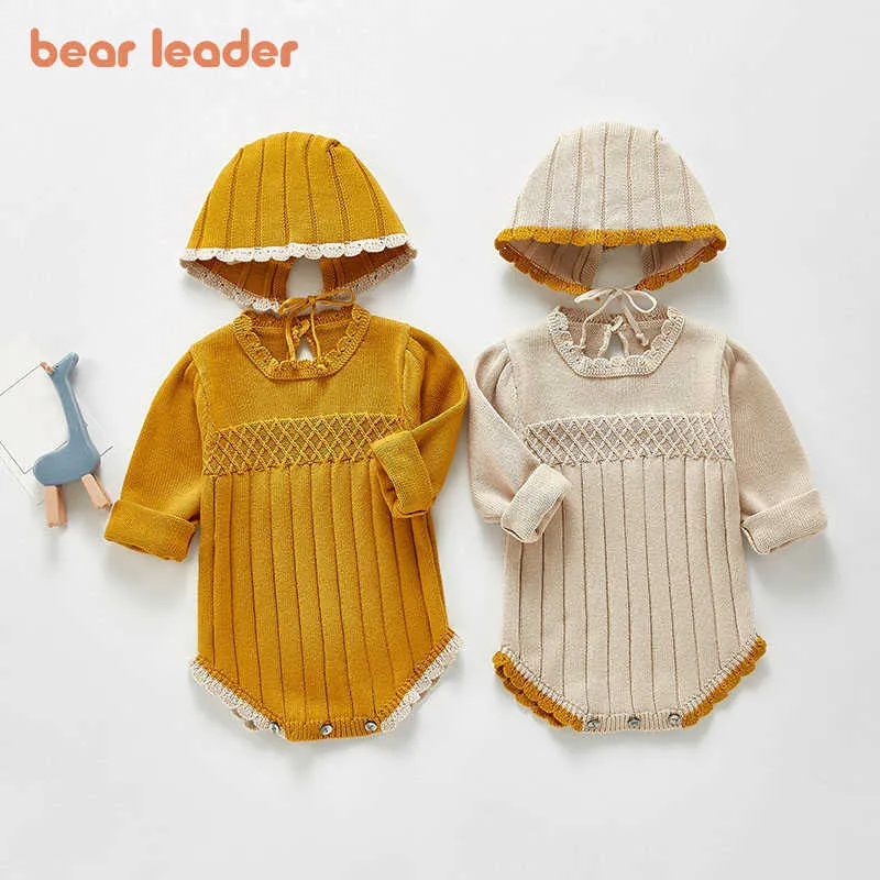 Beer leider herfst winter peuter baby gebreide rompertjes baby casual kleding met hoed geboren meisjes jongens Koreaanse stijl bodysuits 210708