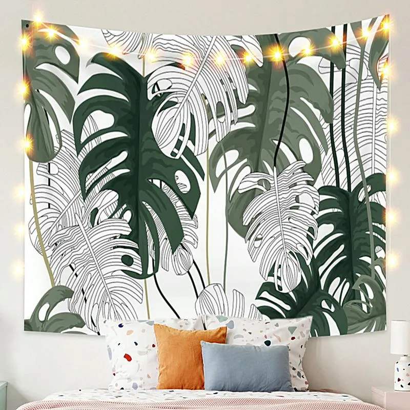 Tapisseries Argent Avec Feuilles Vertes Tapisserie Vintage Exotique D'été Plante Nature Cadre Pour Chambre Pographie Mur Décor