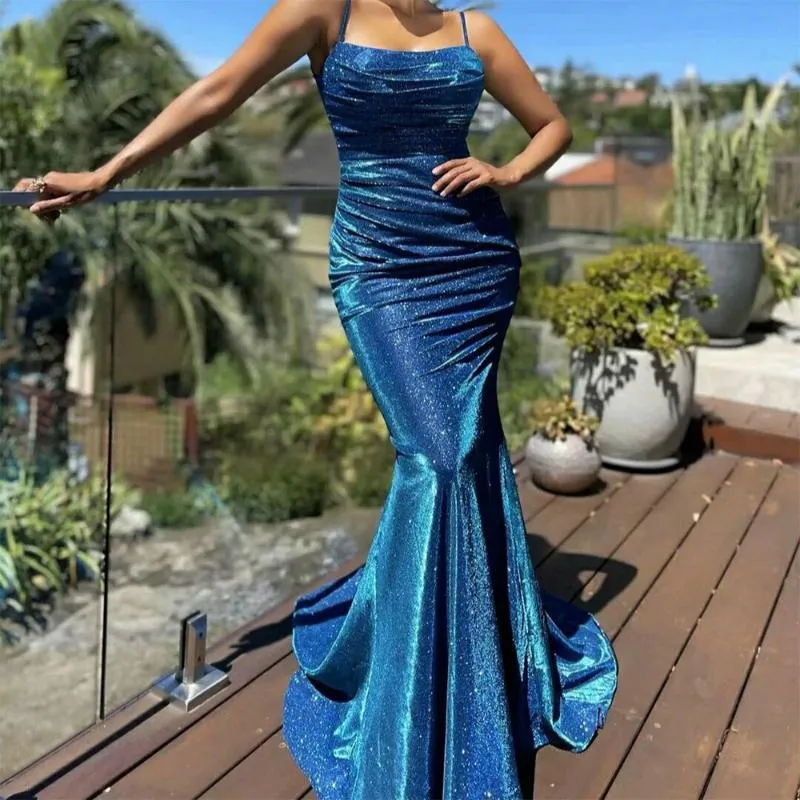 Party Sukienki Laxsesu Royal Blue Glitter Mermaid Prom Dress Sexy V-Neck Długie Kobiety High Sound Slit Cocktail Suknie 2021